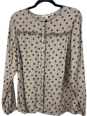 Boden Silk Blend Taupe/Gray Button-Front Blouse with Abstract Navy Mustard Dots
